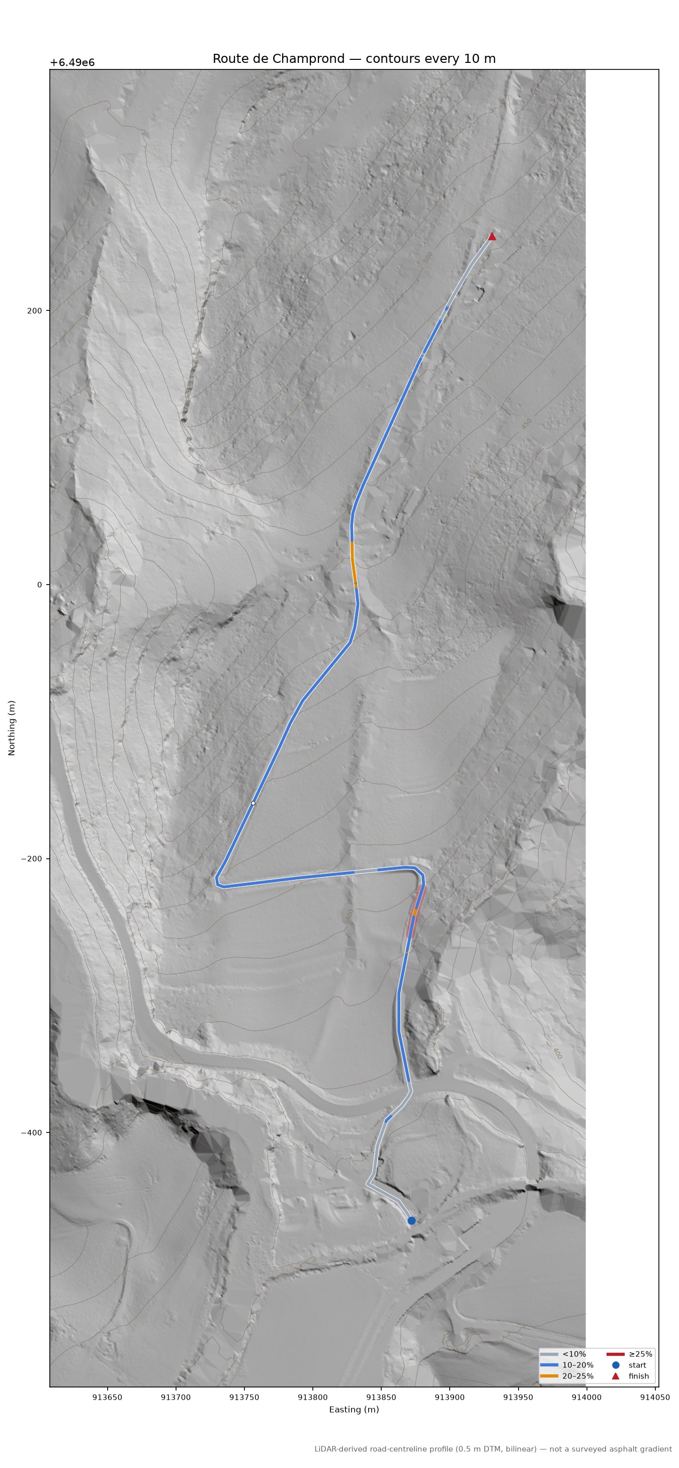 Route de Champrond LiDAR hillshade map with contours
