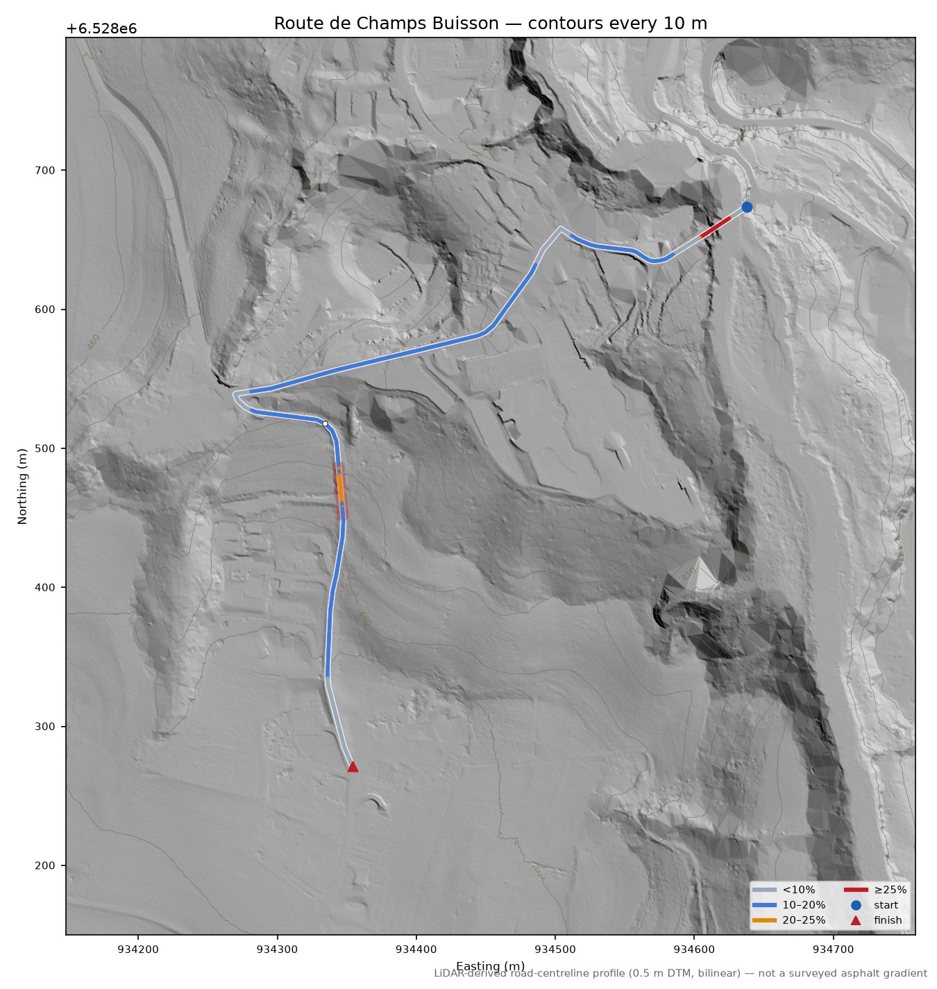 Route de Champs Buisson LiDAR hillshade map with contours