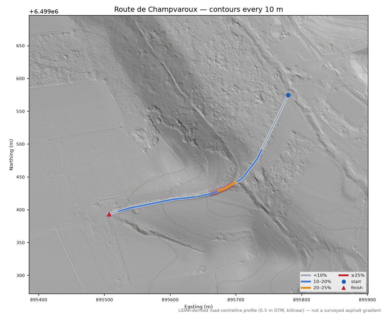 Route de Champvaroux LiDAR hillshade map with contours