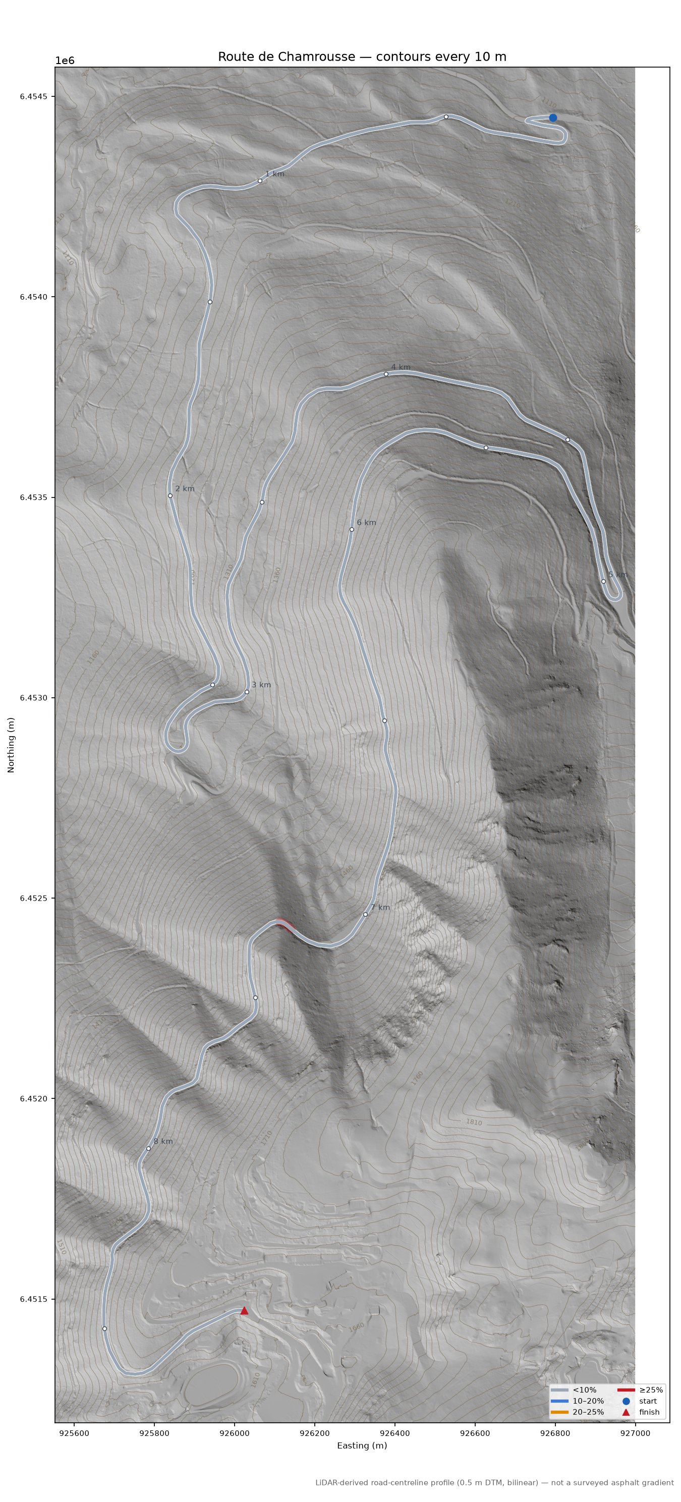 Route de Chamrousse LiDAR hillshade map with contours
