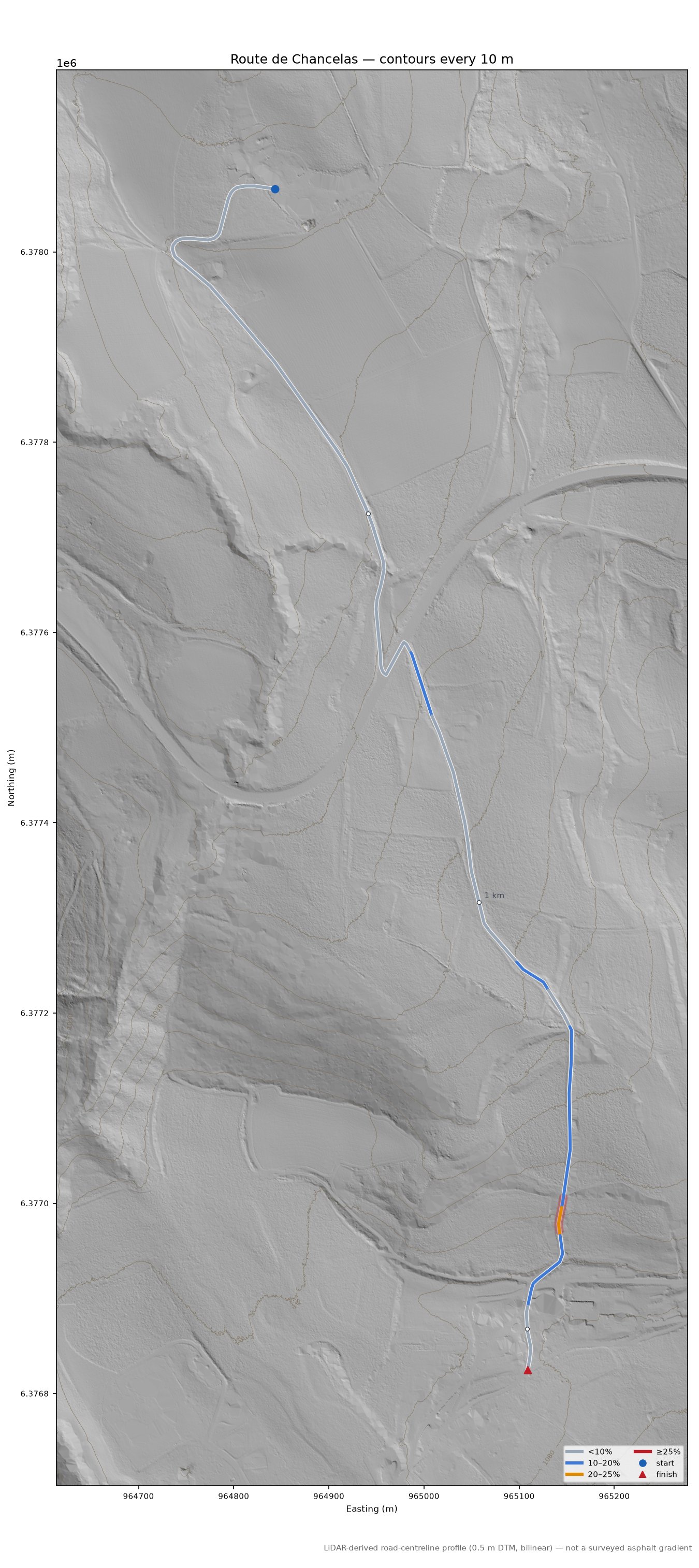Route de Chancelas LiDAR hillshade map with contours