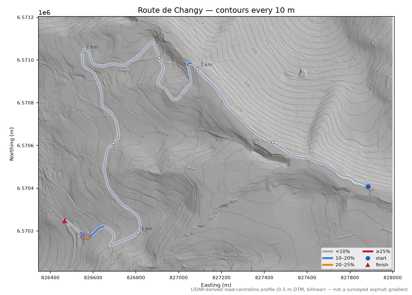Route de Changy LiDAR hillshade map with contours
