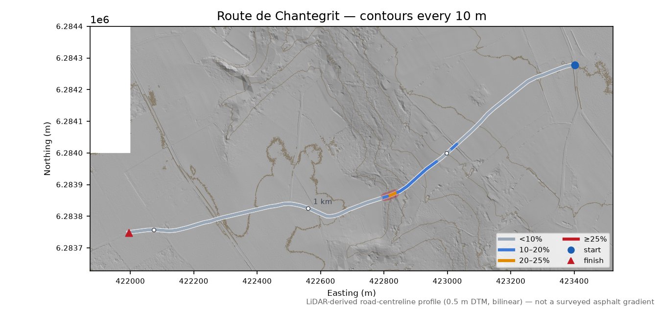 Route de Chantegrit LiDAR hillshade map with contours