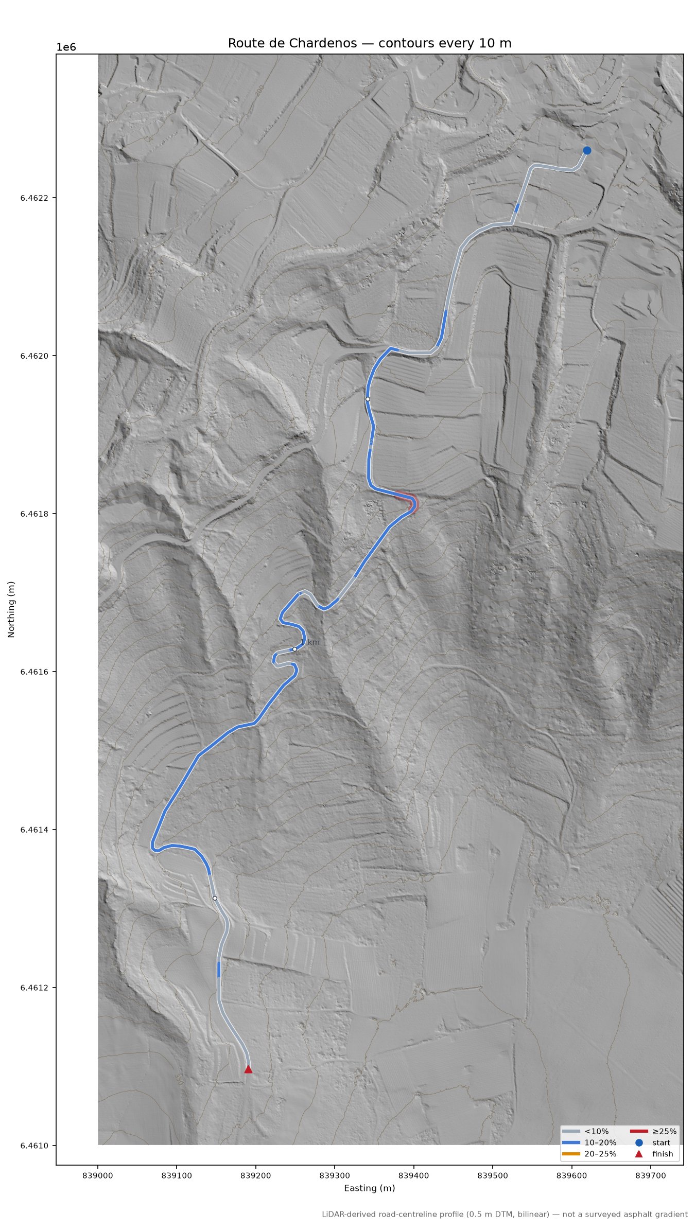 Route de Chardenos LiDAR hillshade map with contours