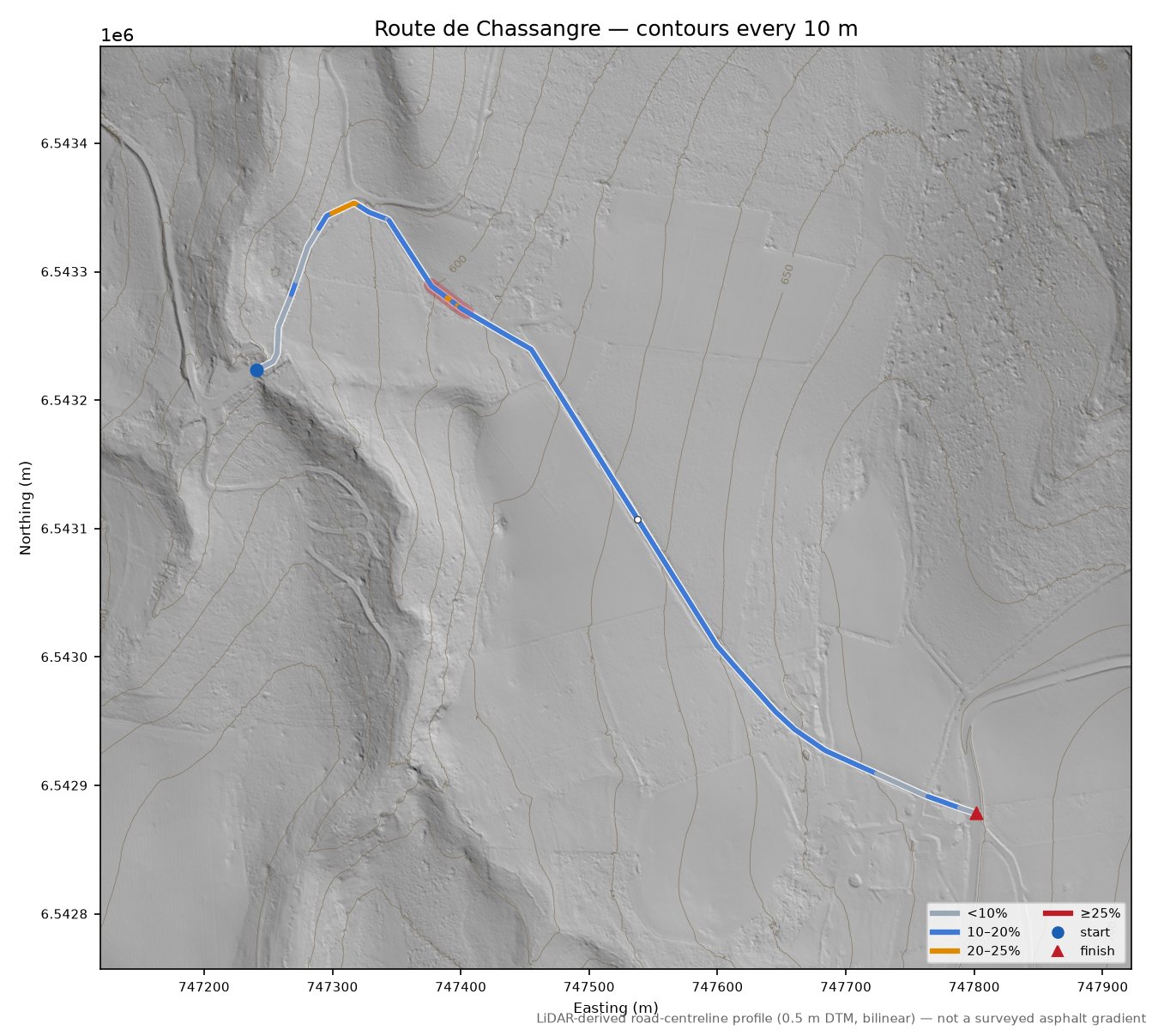 Route de Chassangre LiDAR hillshade map with contours