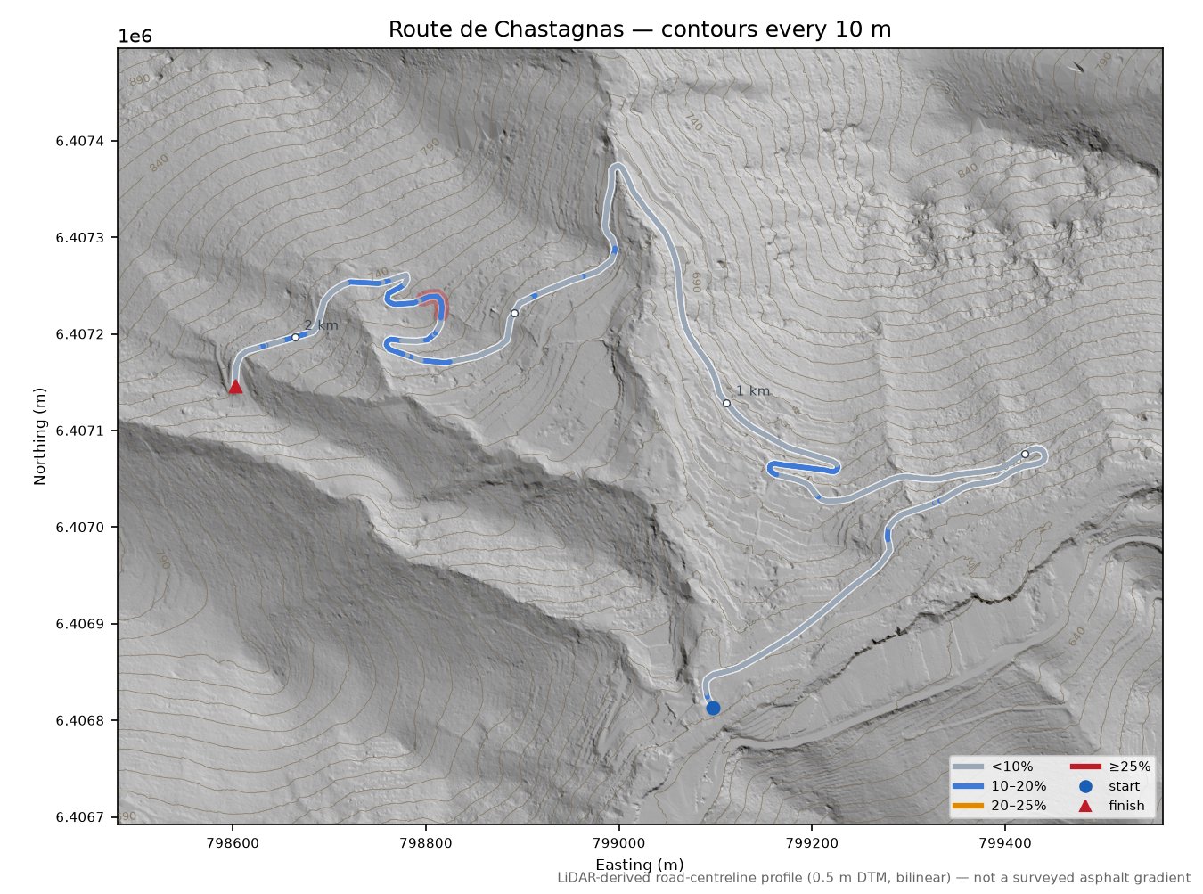 Route de Chastagnas LiDAR hillshade map with contours