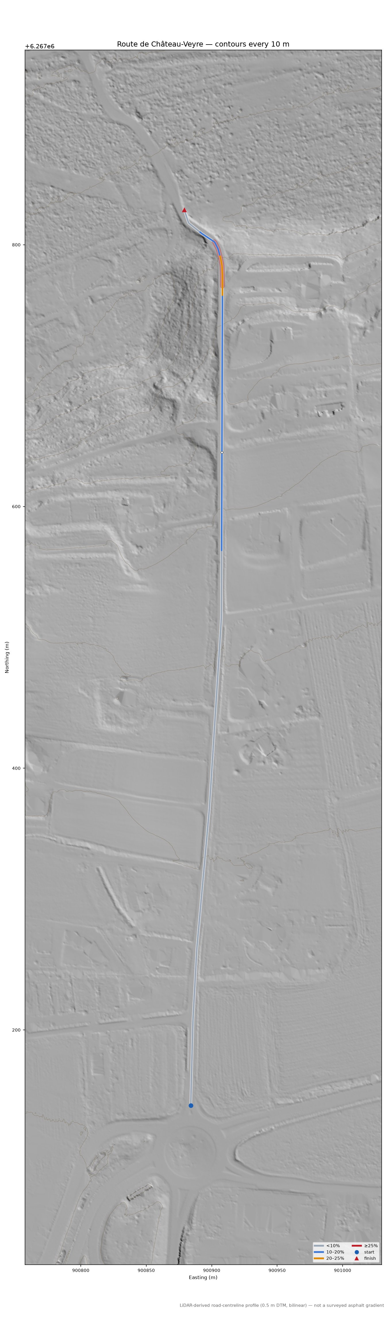 Route de Château-Veyre LiDAR hillshade map with contours