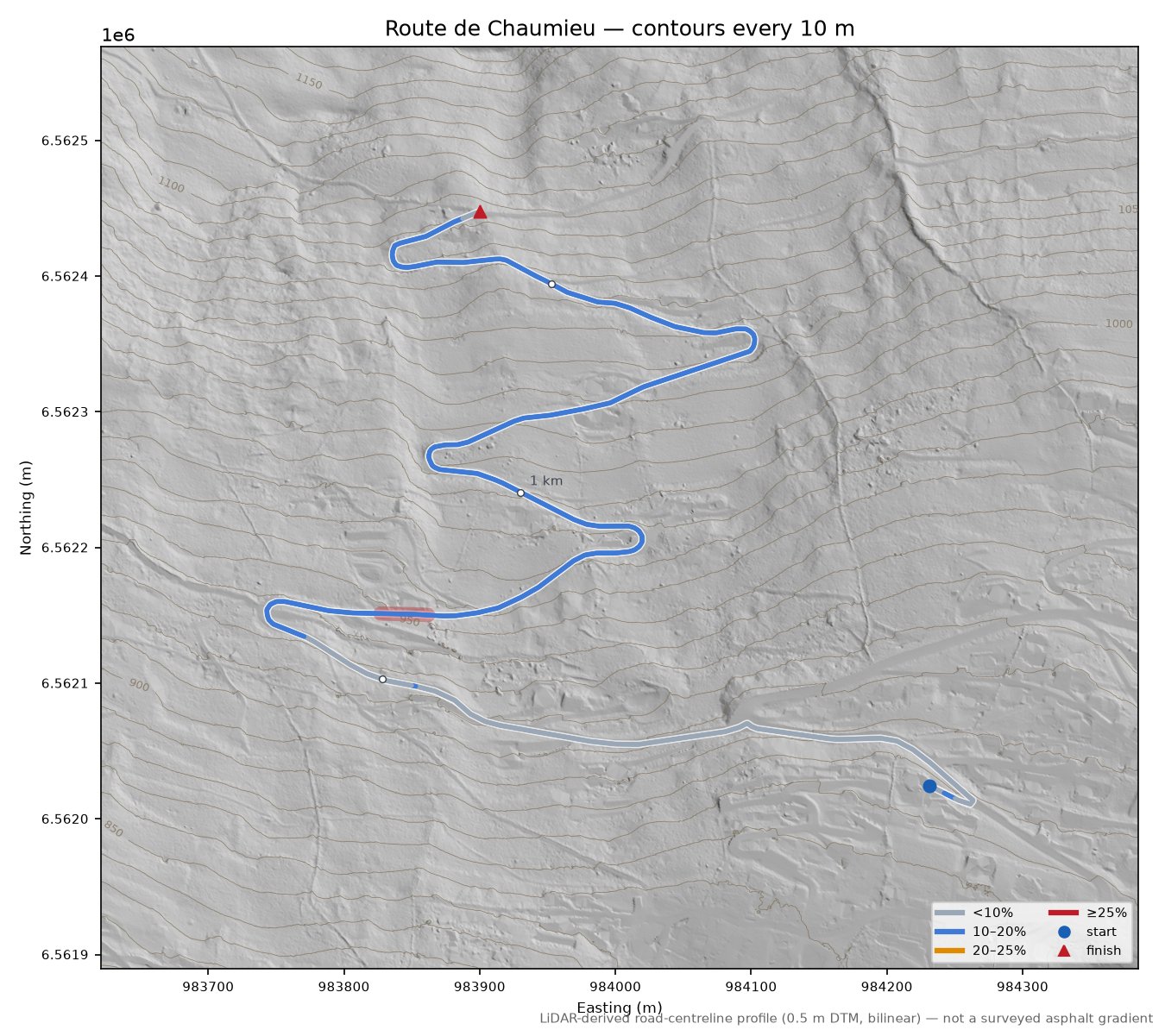 Route de Chaumieu LiDAR hillshade map with contours