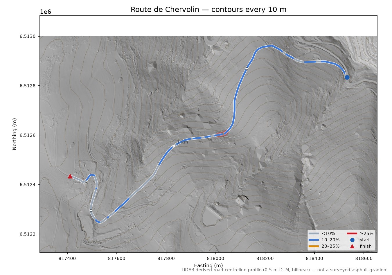 Route de Chervolin LiDAR hillshade map with contours