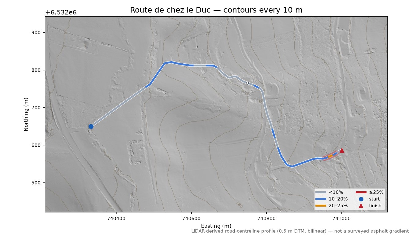 Route de chez le Duc LiDAR hillshade map with contours