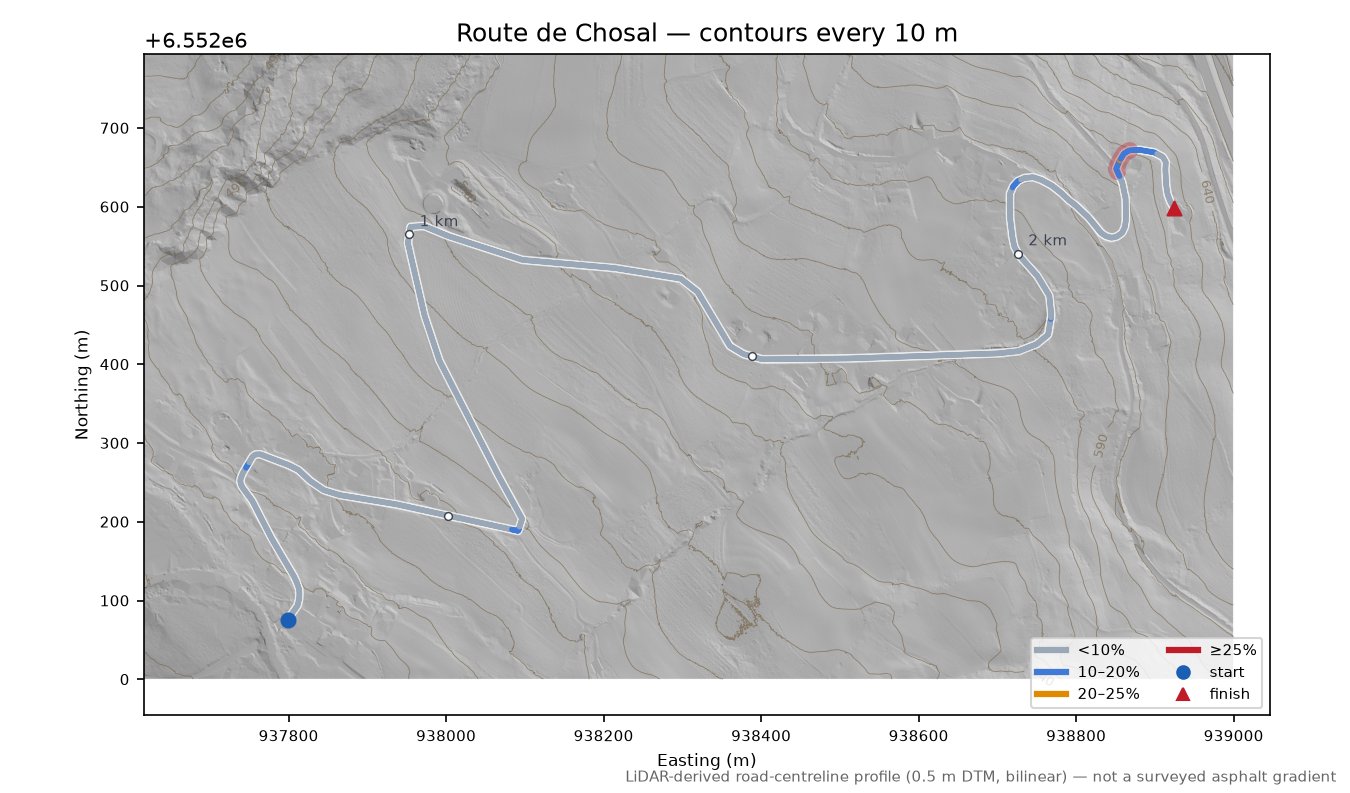 Route de Chosal LiDAR hillshade map with contours