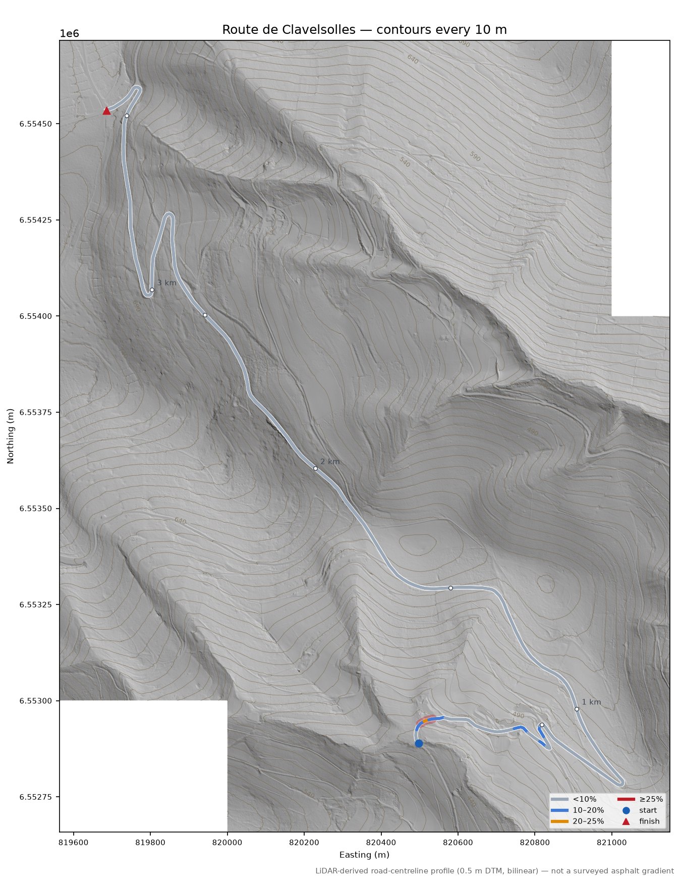 Route de Clavelsolles LiDAR hillshade map with contours