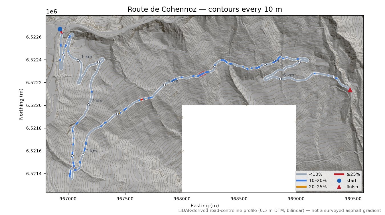 Route de Cohennoz LiDAR hillshade map with contours