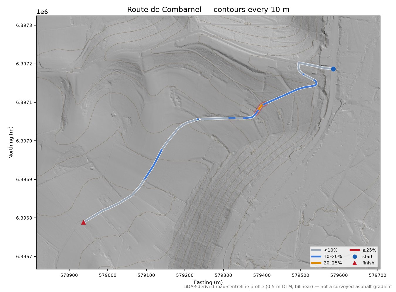 Route de Combarnel LiDAR hillshade map with contours