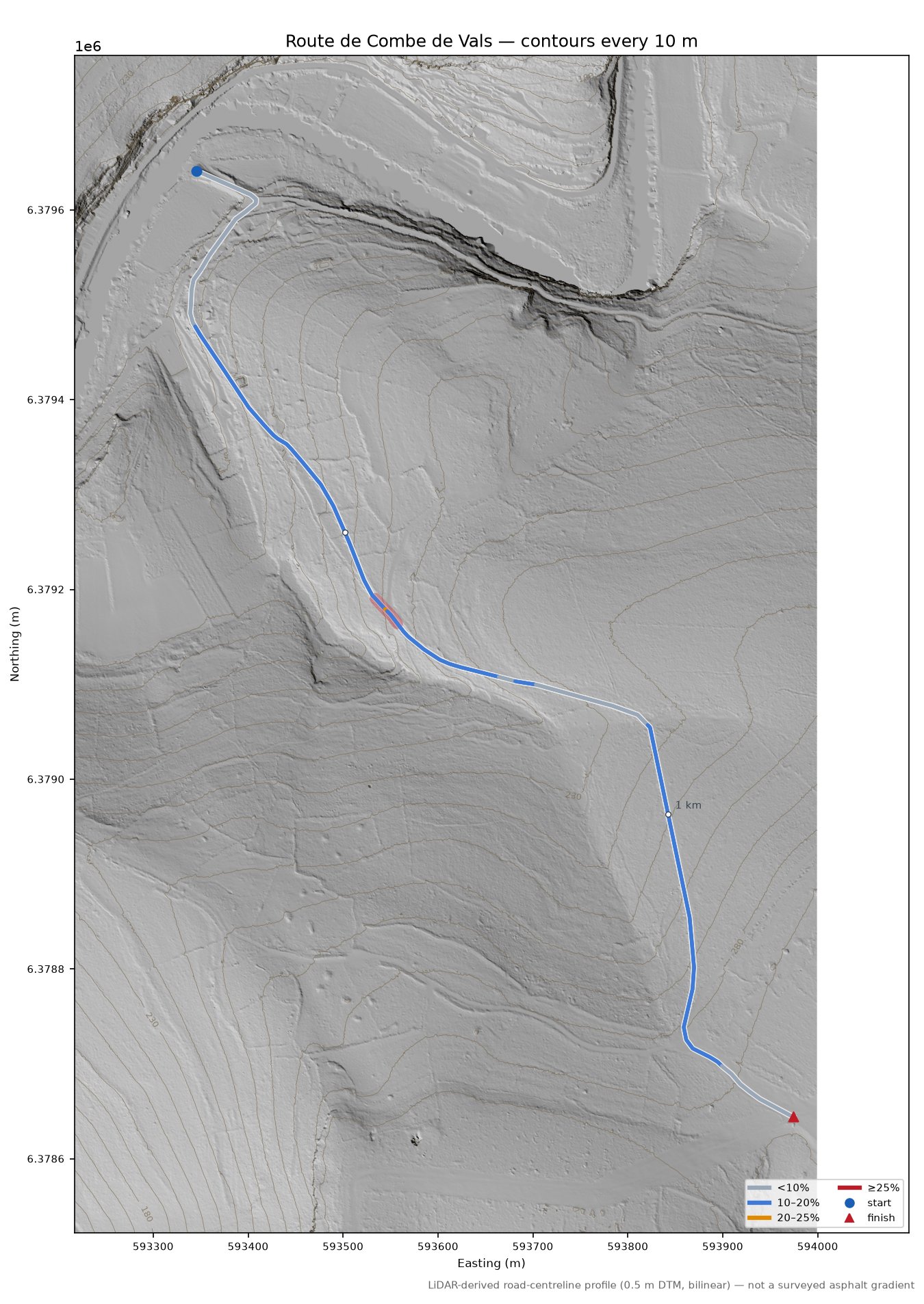 Route de Combe de Vals LiDAR hillshade map with contours