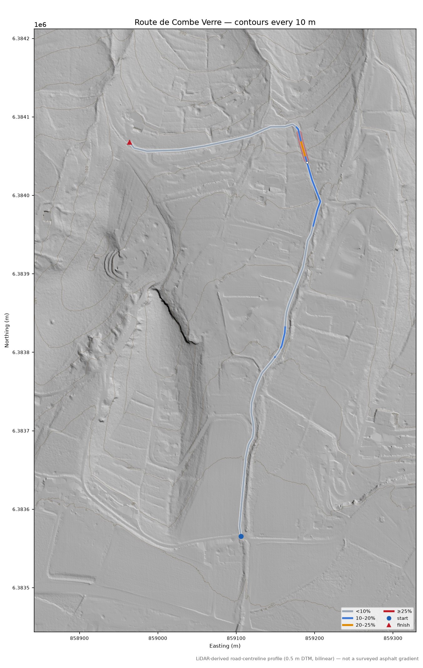 Route de Combe Verre LiDAR hillshade map with contours