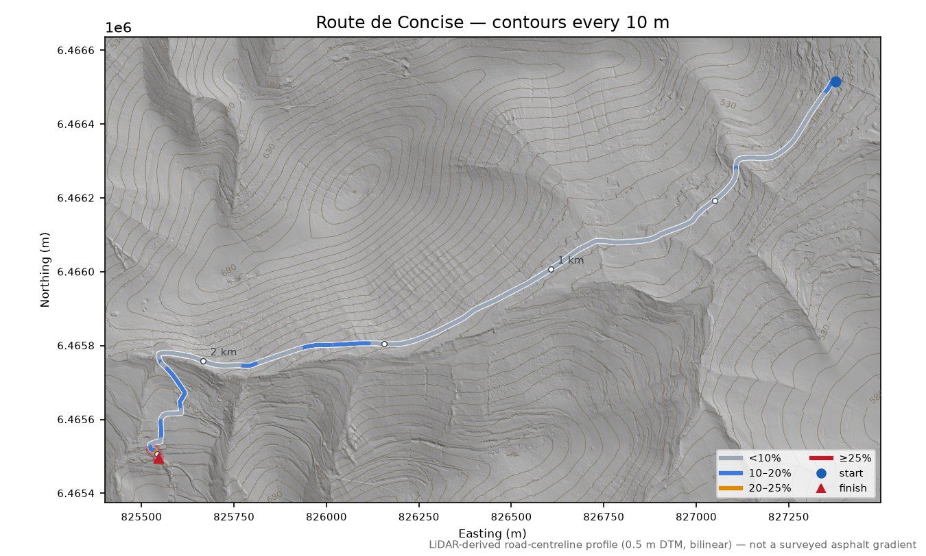 Route de Concise LiDAR hillshade map with contours