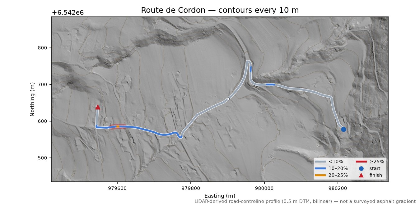 Route de Cordon LiDAR hillshade map with contours