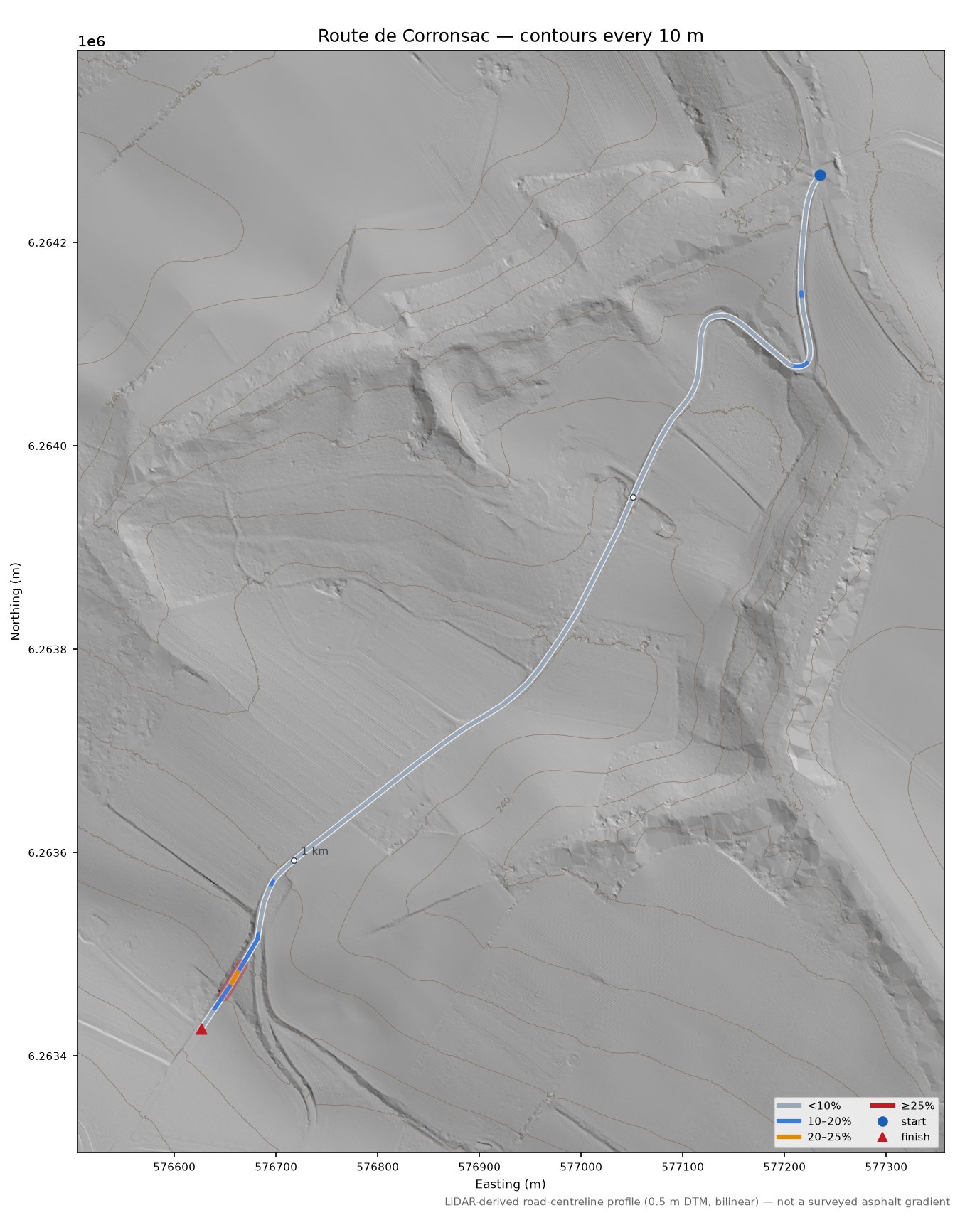 Route de Corronsac LiDAR hillshade map with contours
