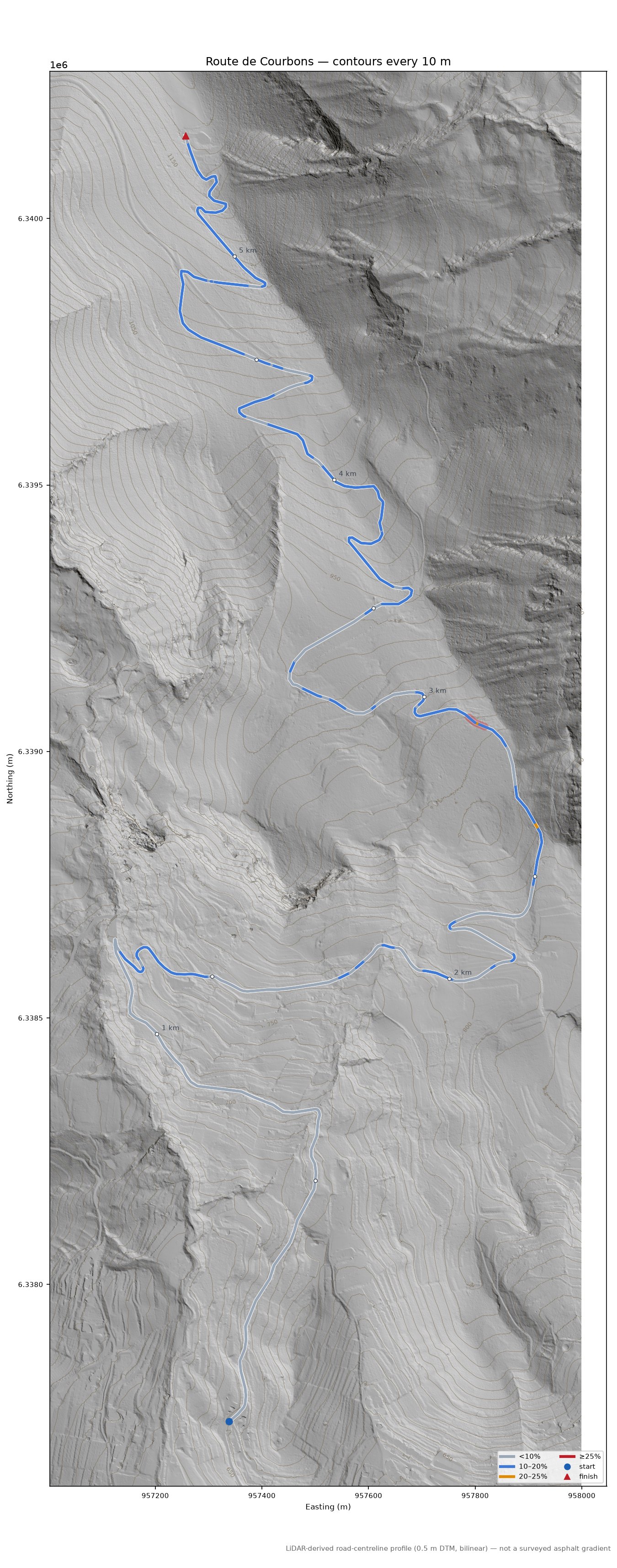Route de Courbons LiDAR hillshade map with contours