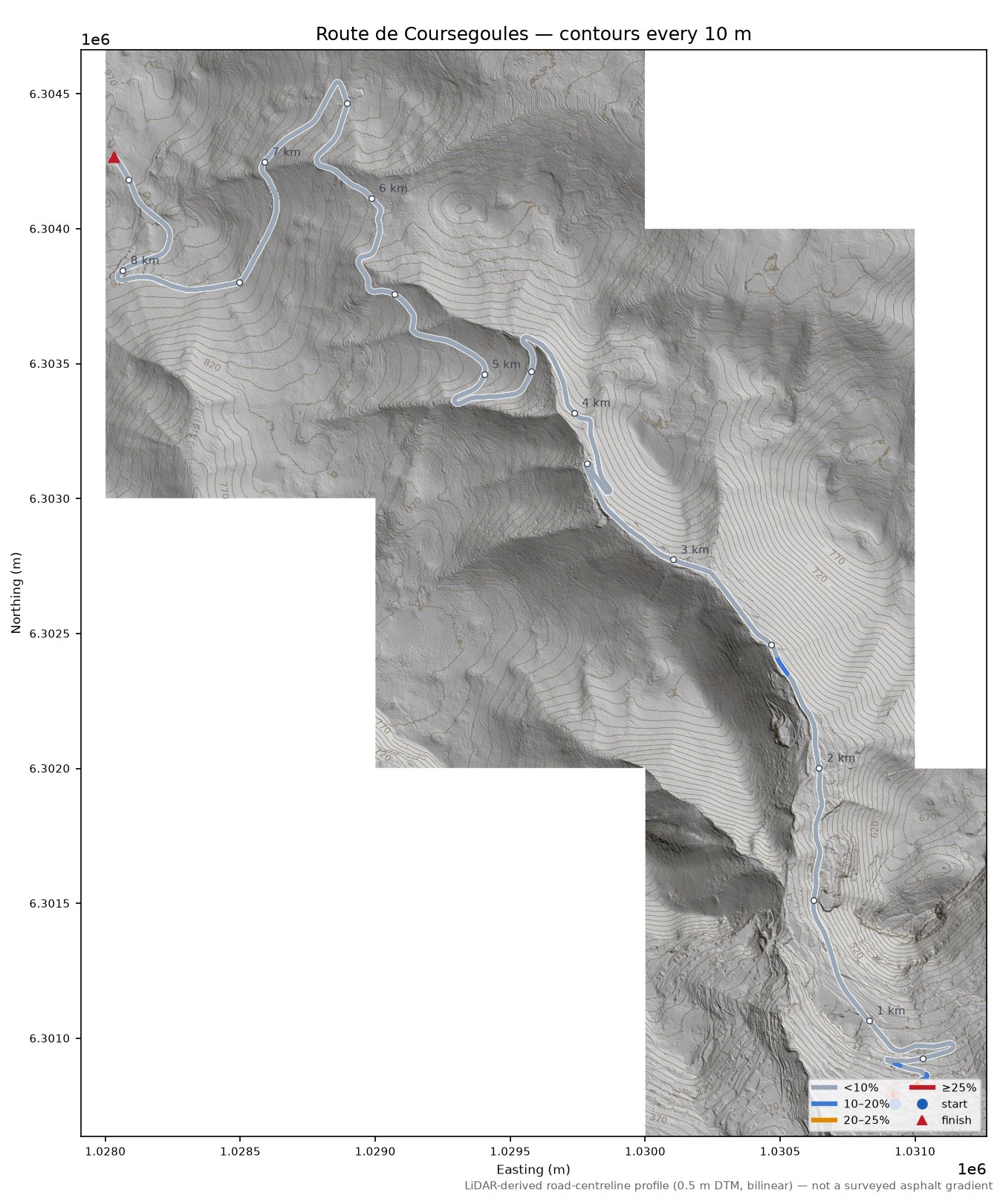 Route de Coursegoules LiDAR hillshade map with contours