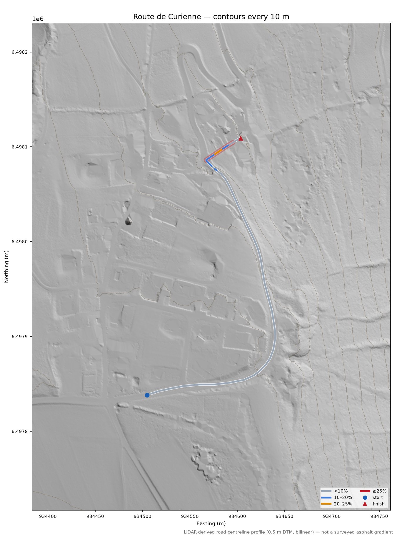 Route de Curienne LiDAR hillshade map with contours
