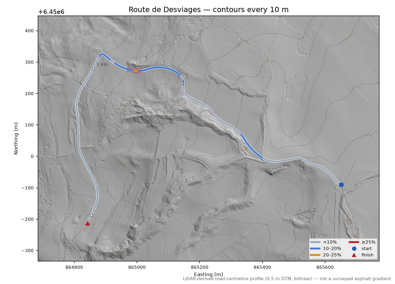 Route de Desviages LiDAR hillshade map with contours