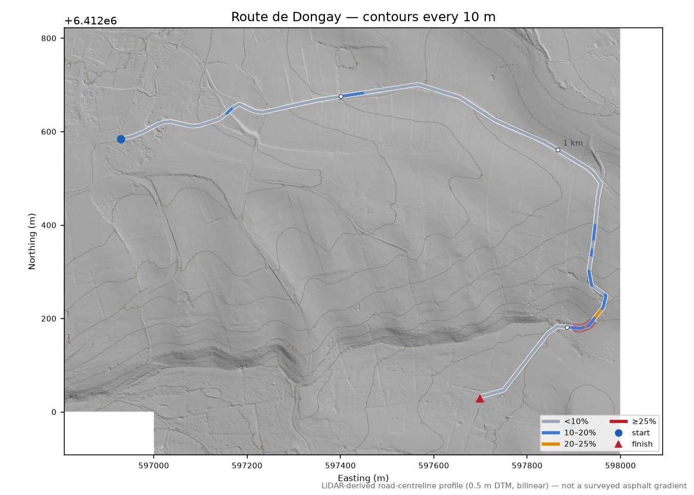 Route de Dongay LiDAR hillshade map with contours