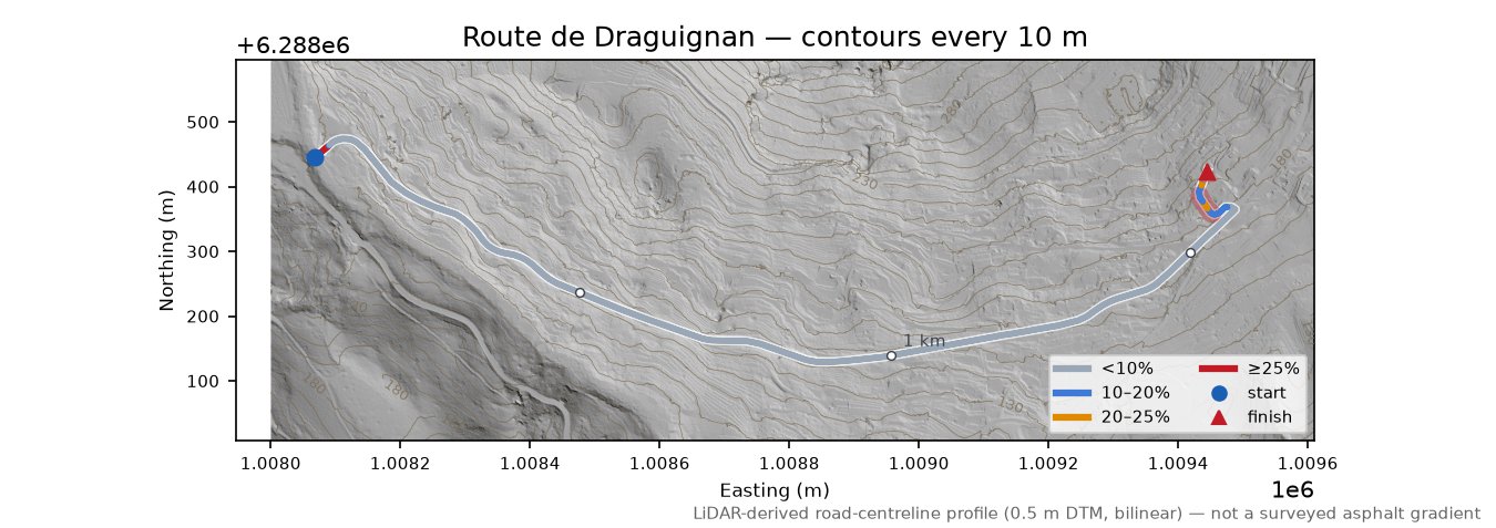 Route de Draguignan LiDAR hillshade map with contours