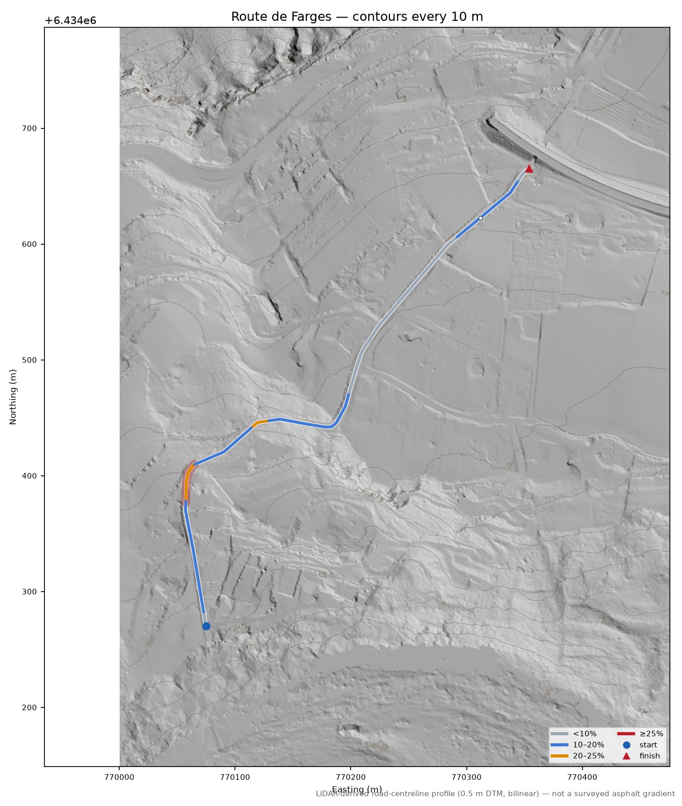 Route de Farges LiDAR hillshade map with contours