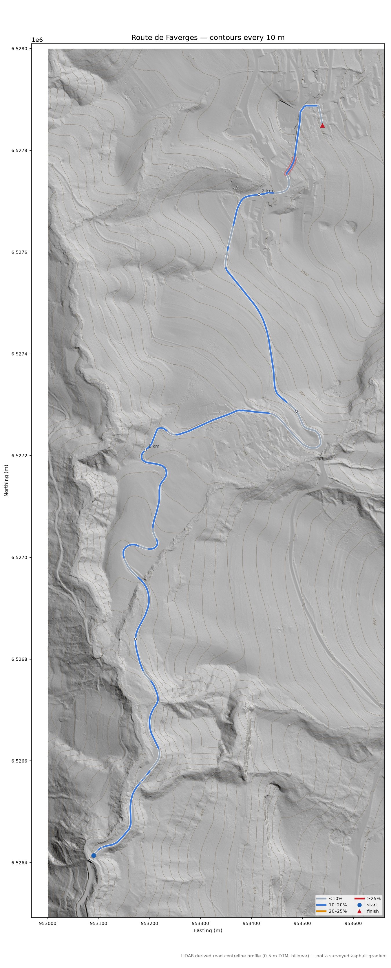 Route de Faverges LiDAR hillshade map with contours