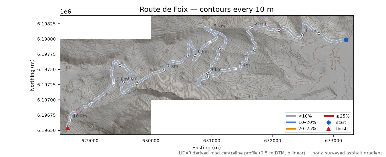 Route de Foix LiDAR hillshade map with contours