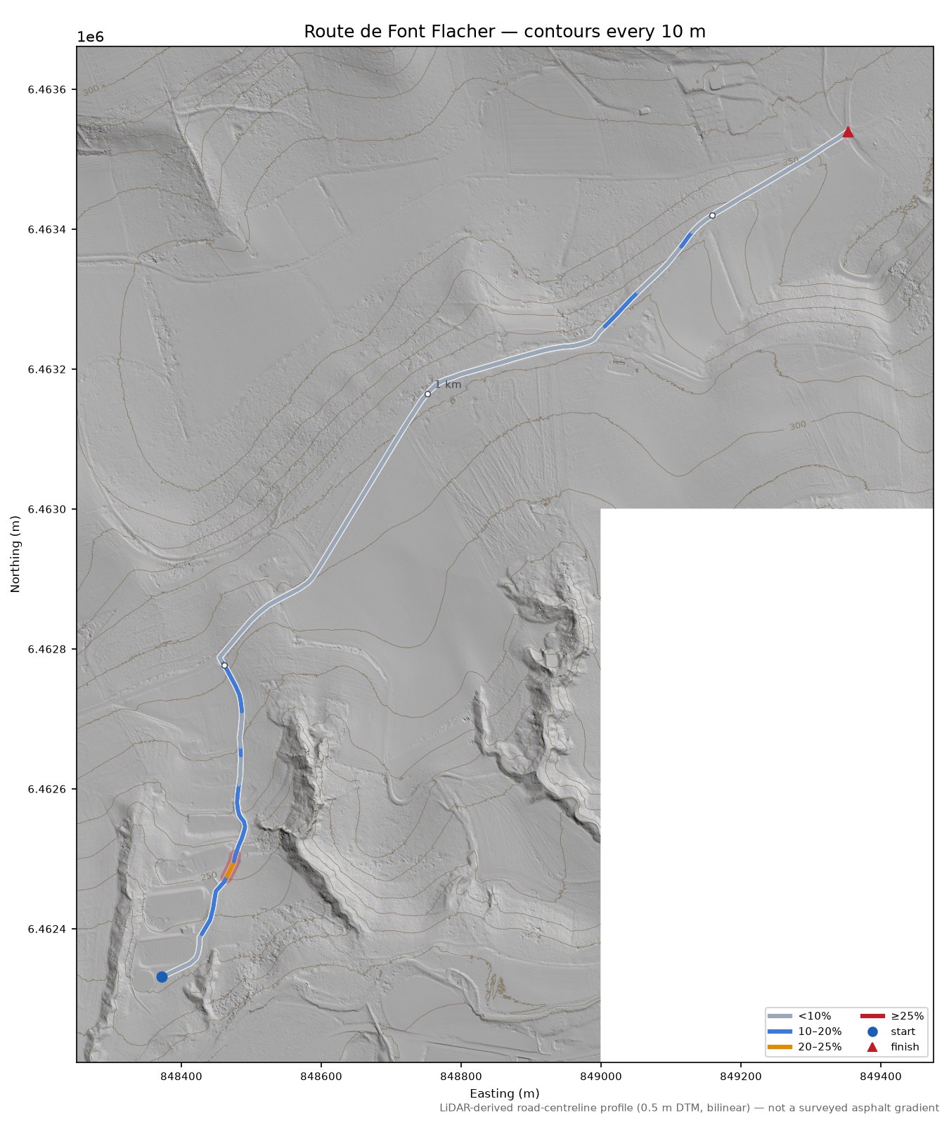 Route de Font Flacher LiDAR hillshade map with contours