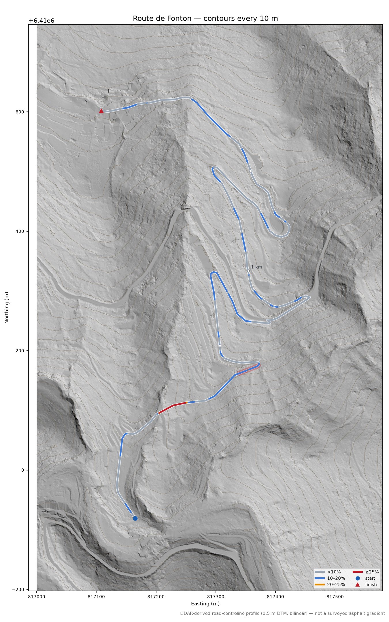 Route de Fonton LiDAR hillshade map with contours