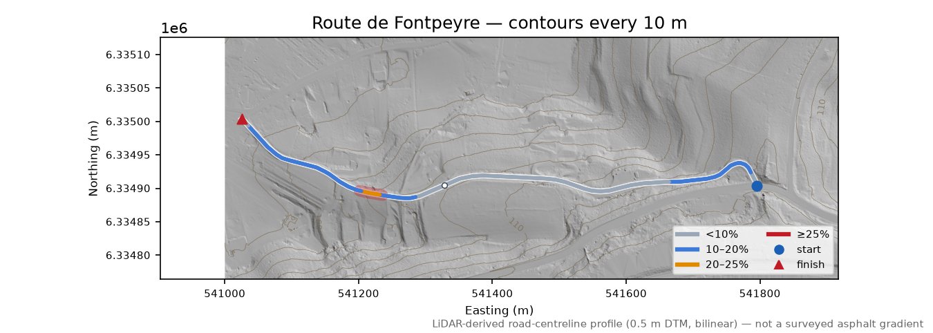 Route de Fontpeyre LiDAR hillshade map with contours