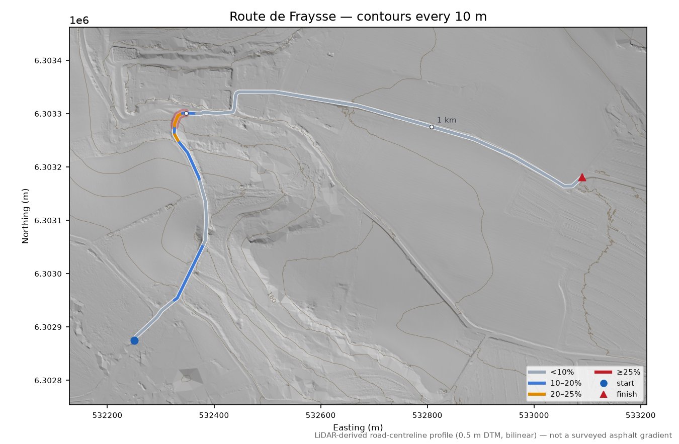 Route de Fraysse LiDAR hillshade map with contours