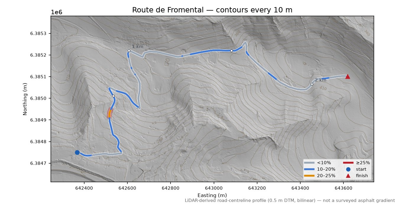 Route de Fromental LiDAR hillshade map with contours