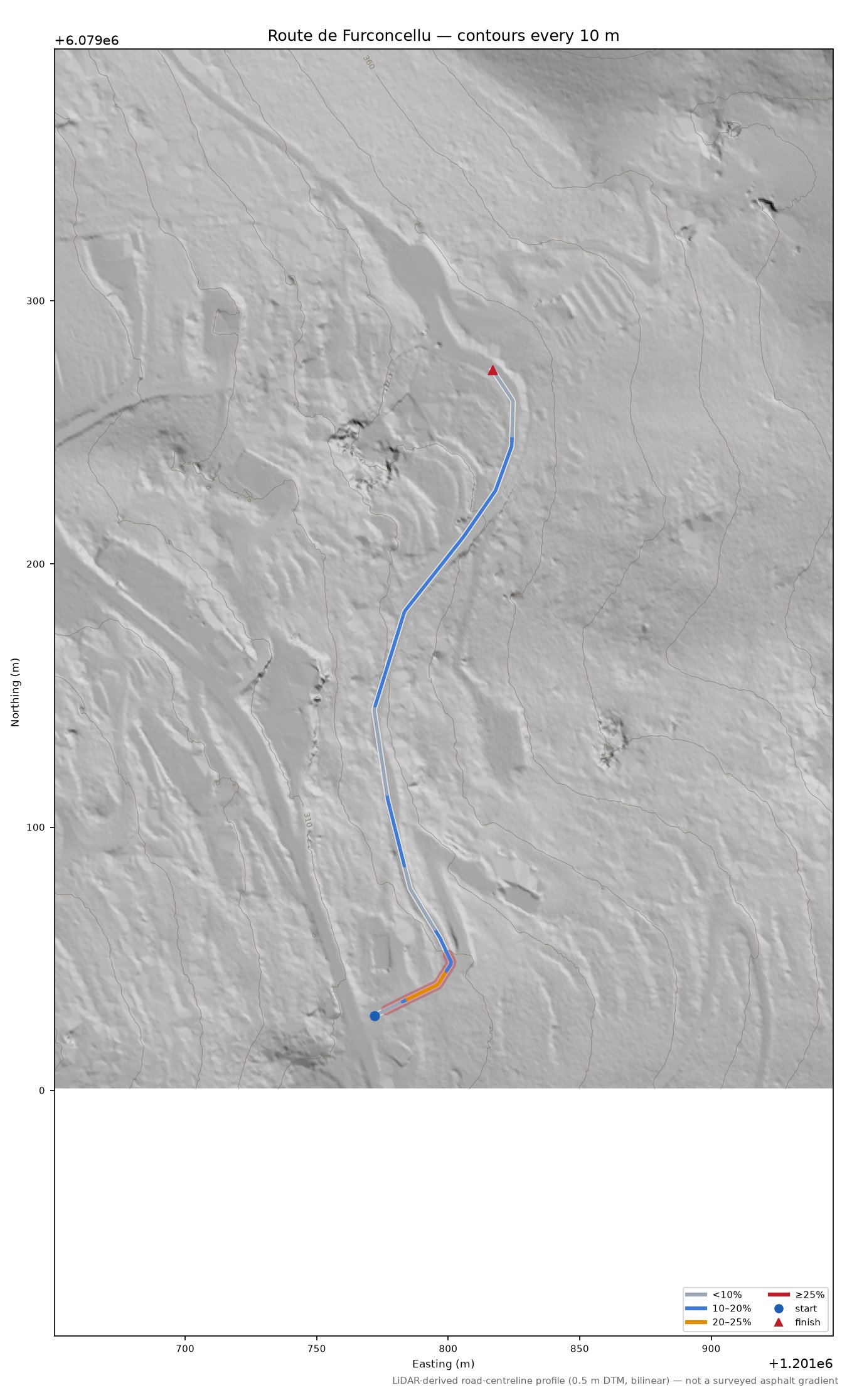 Route de Furconcellu LiDAR hillshade map with contours