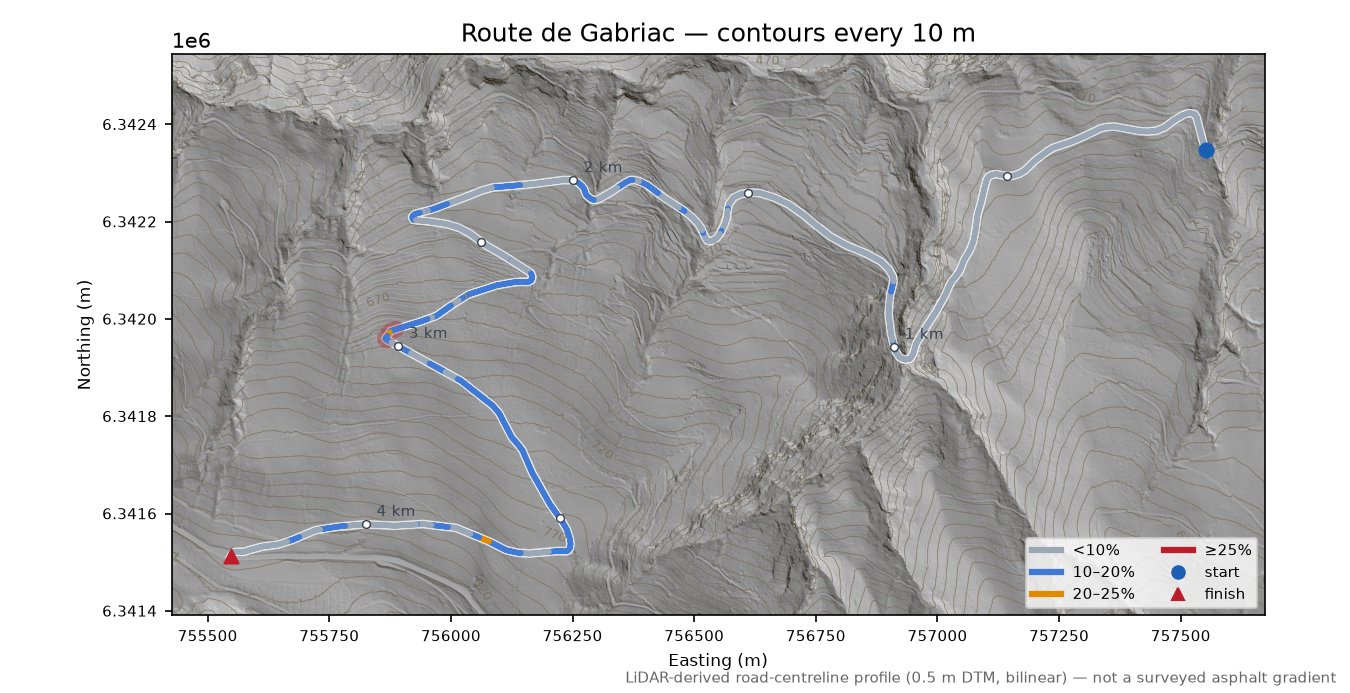 Route de Gabriac LiDAR hillshade map with contours