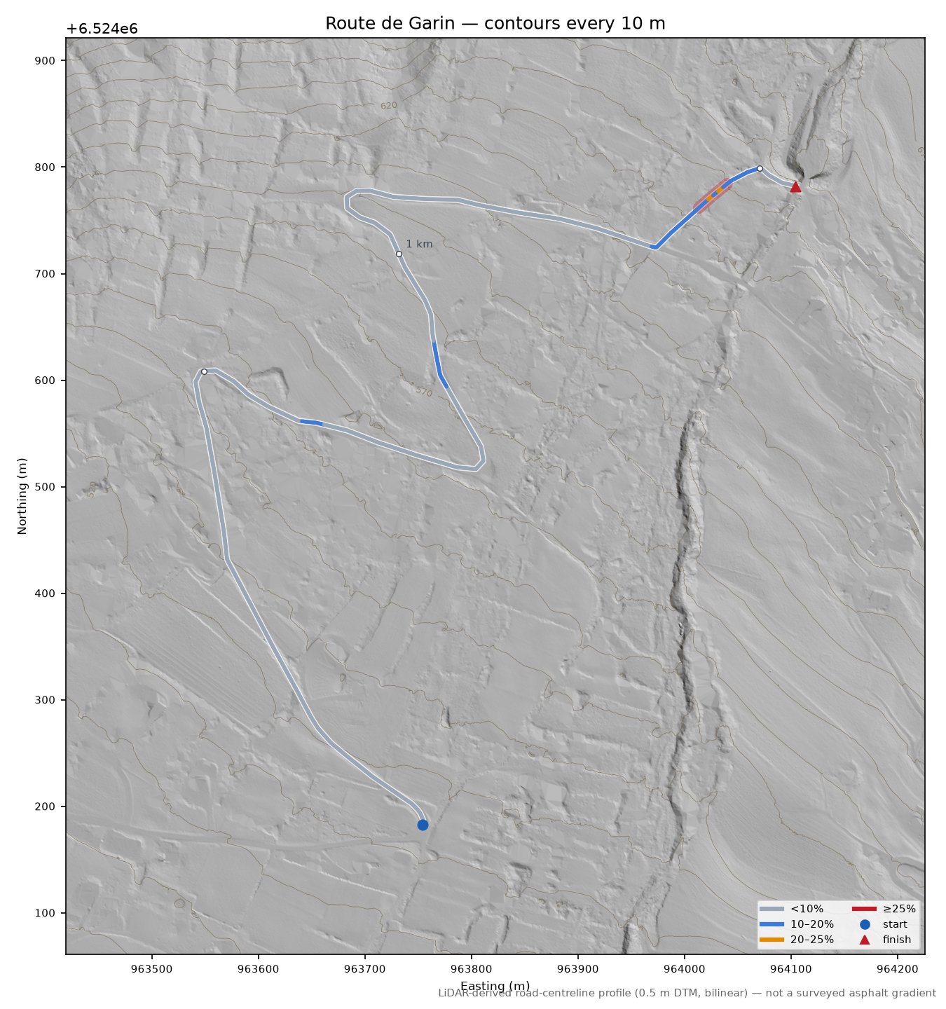 Route de Garin LiDAR hillshade map with contours
