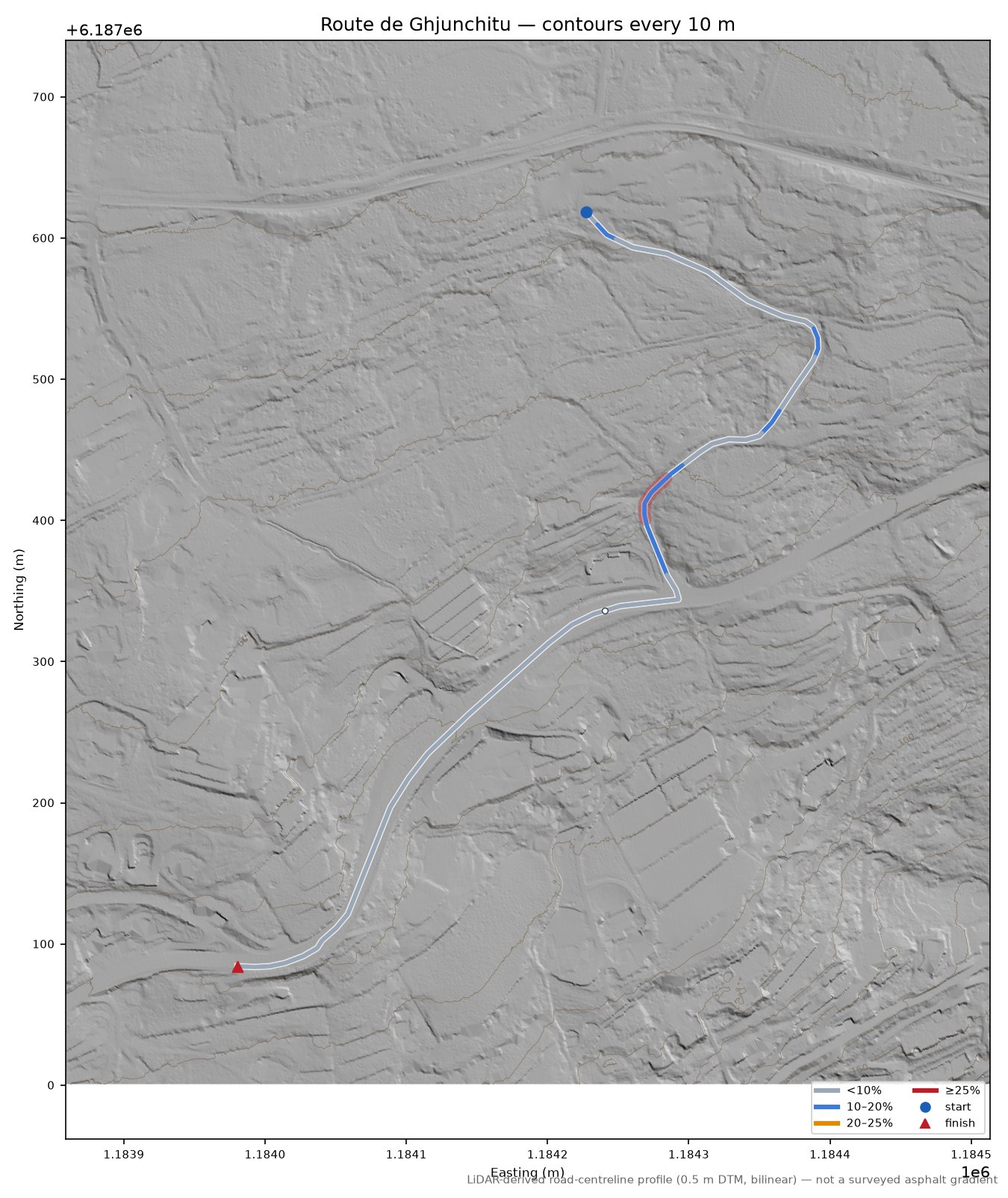 Route de Ghjunchitu LiDAR hillshade map with contours