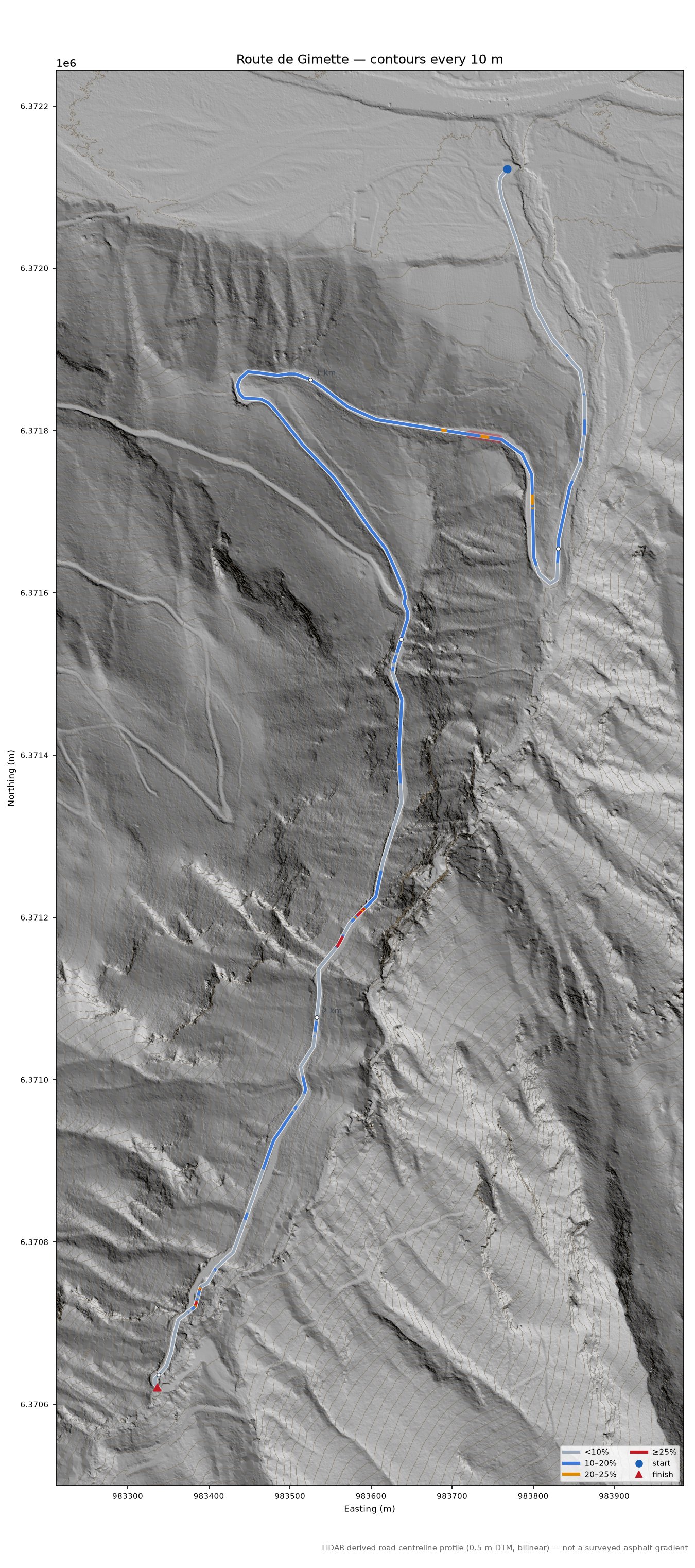 Route de Gimette LiDAR hillshade map with contours