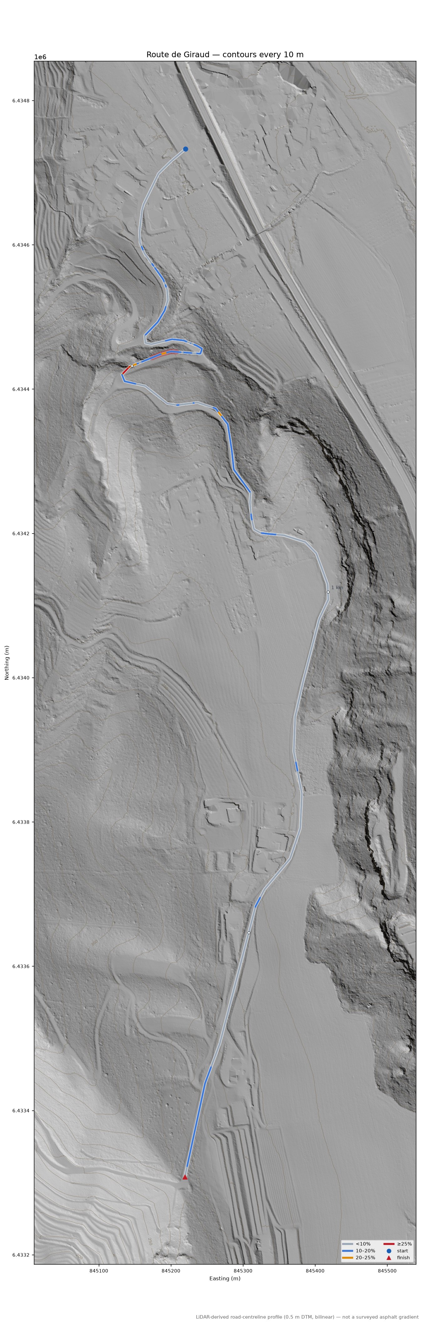 Route de Giraud LiDAR hillshade map with contours
