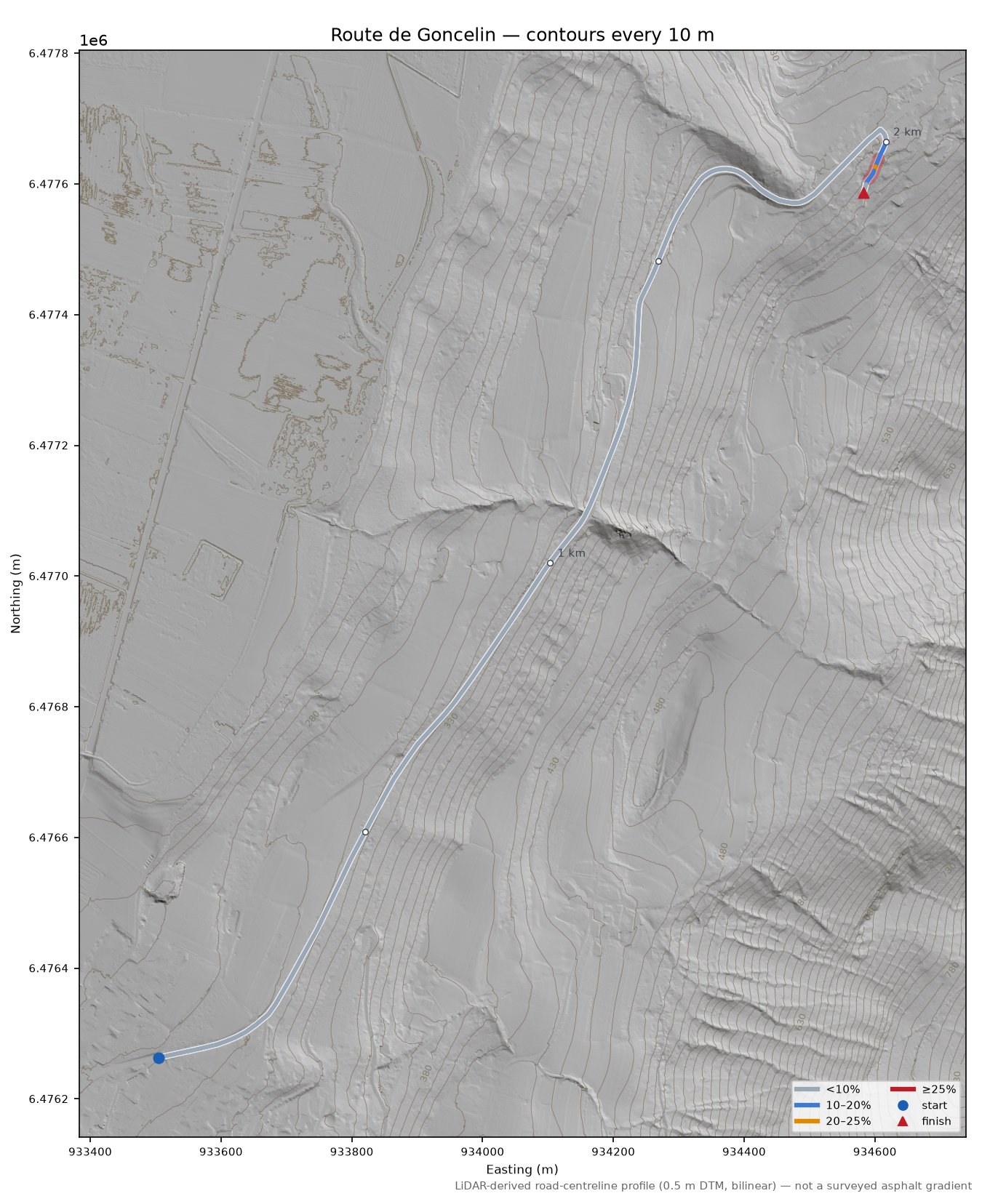 Route de Goncelin LiDAR hillshade map with contours