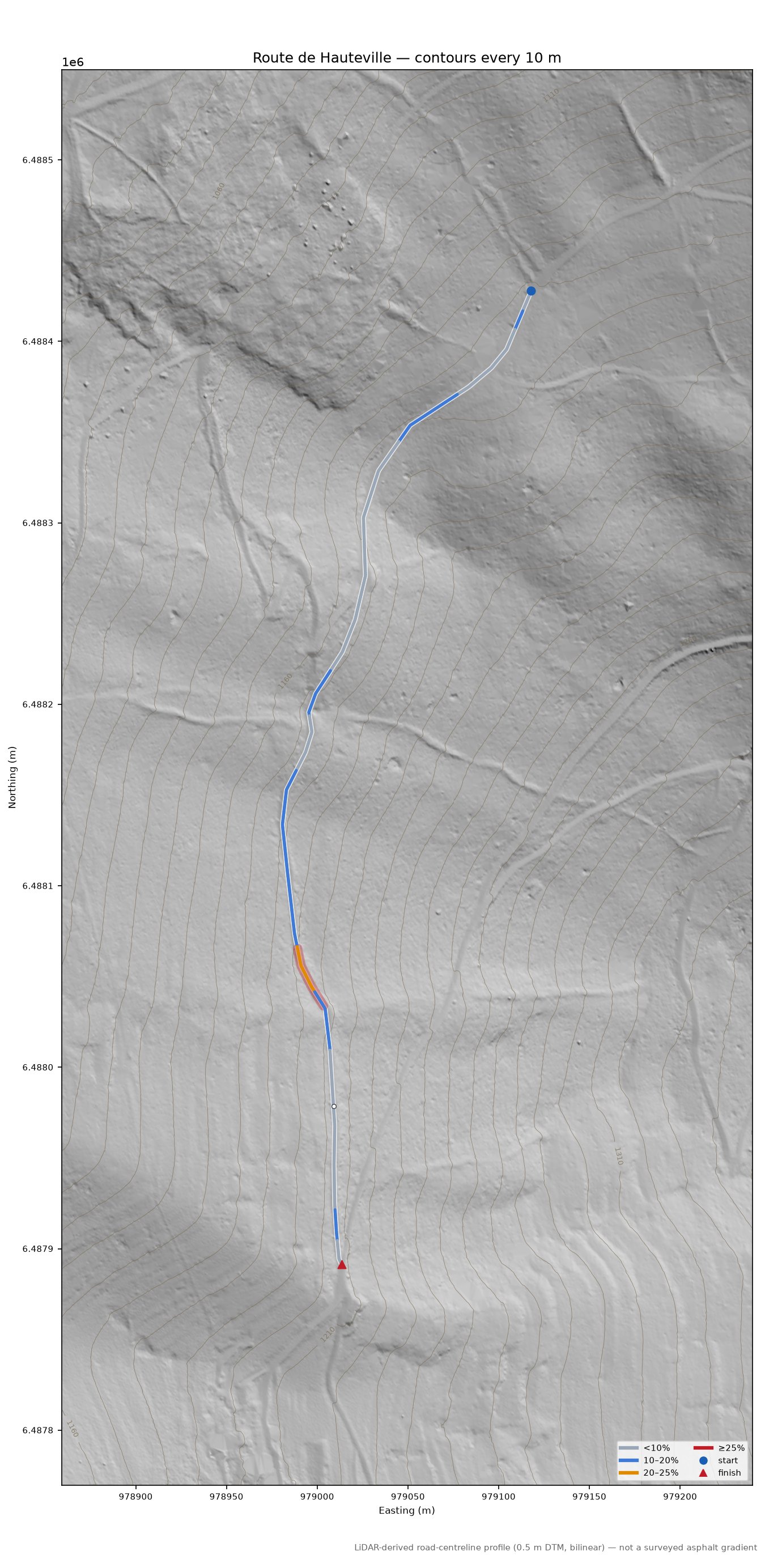 Route de Hauteville LiDAR hillshade map with contours