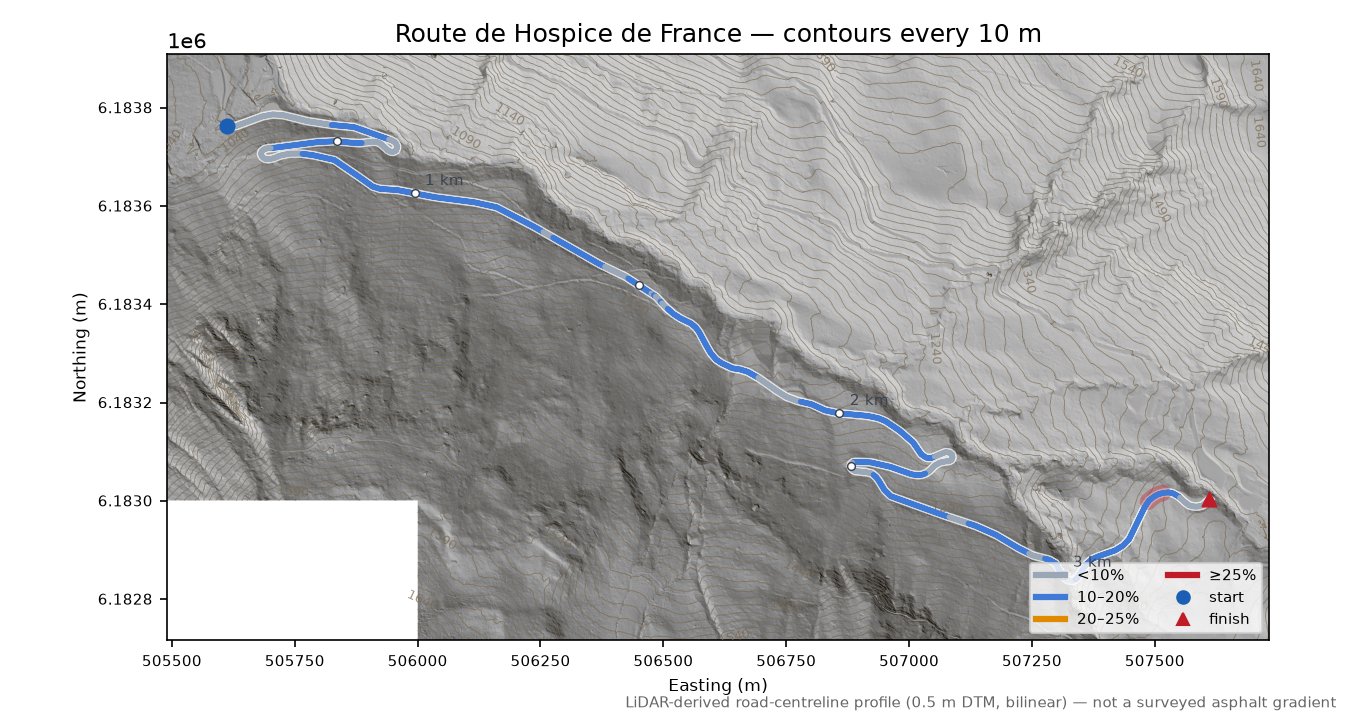 Route de Hospice de France LiDAR hillshade map with contours