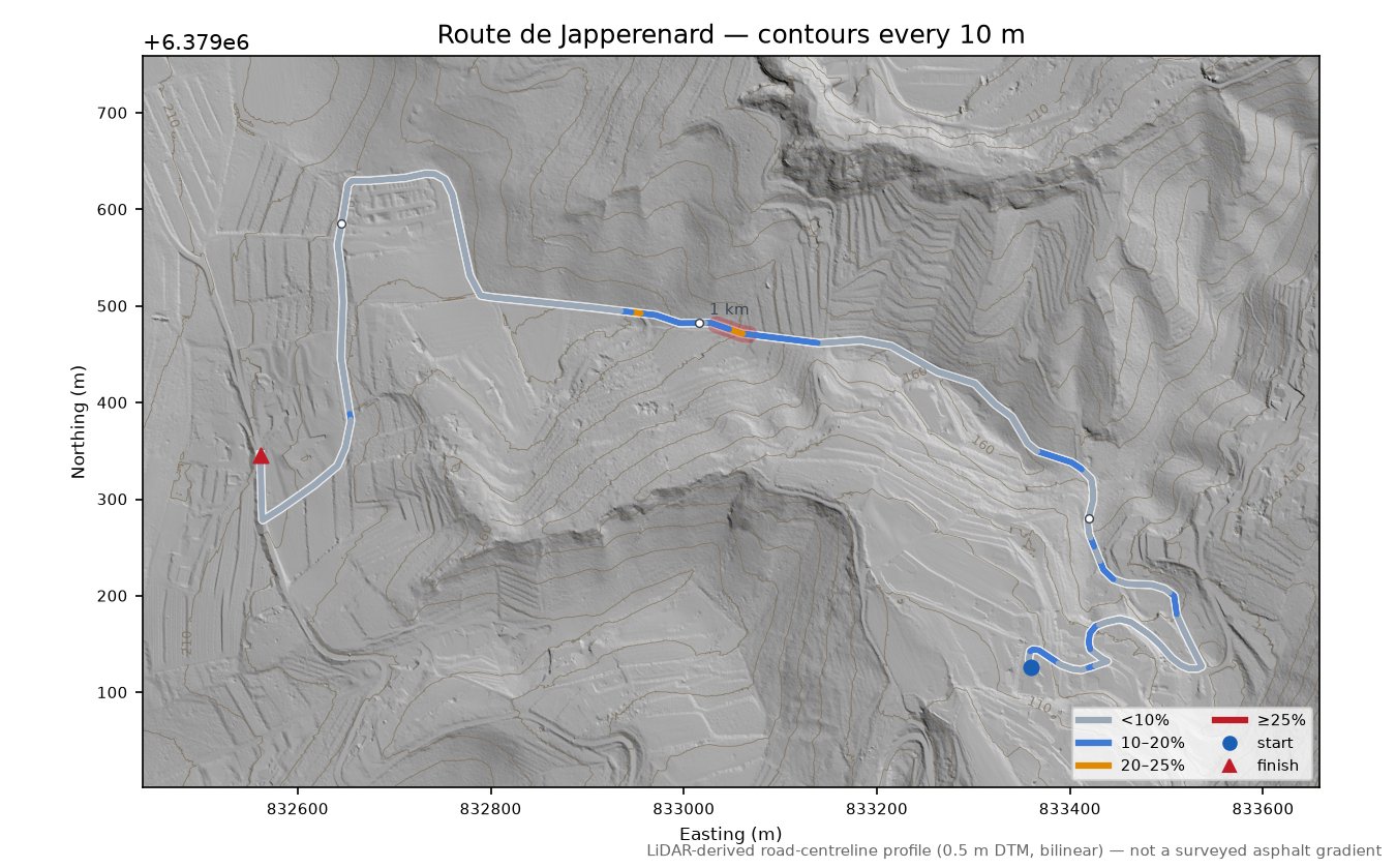 Route de Japperenard LiDAR hillshade map with contours