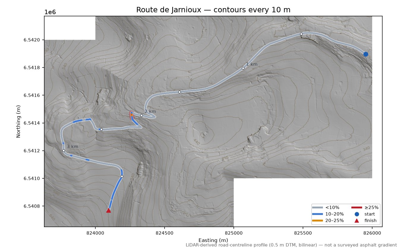 Route de Jarnioux LiDAR hillshade map with contours