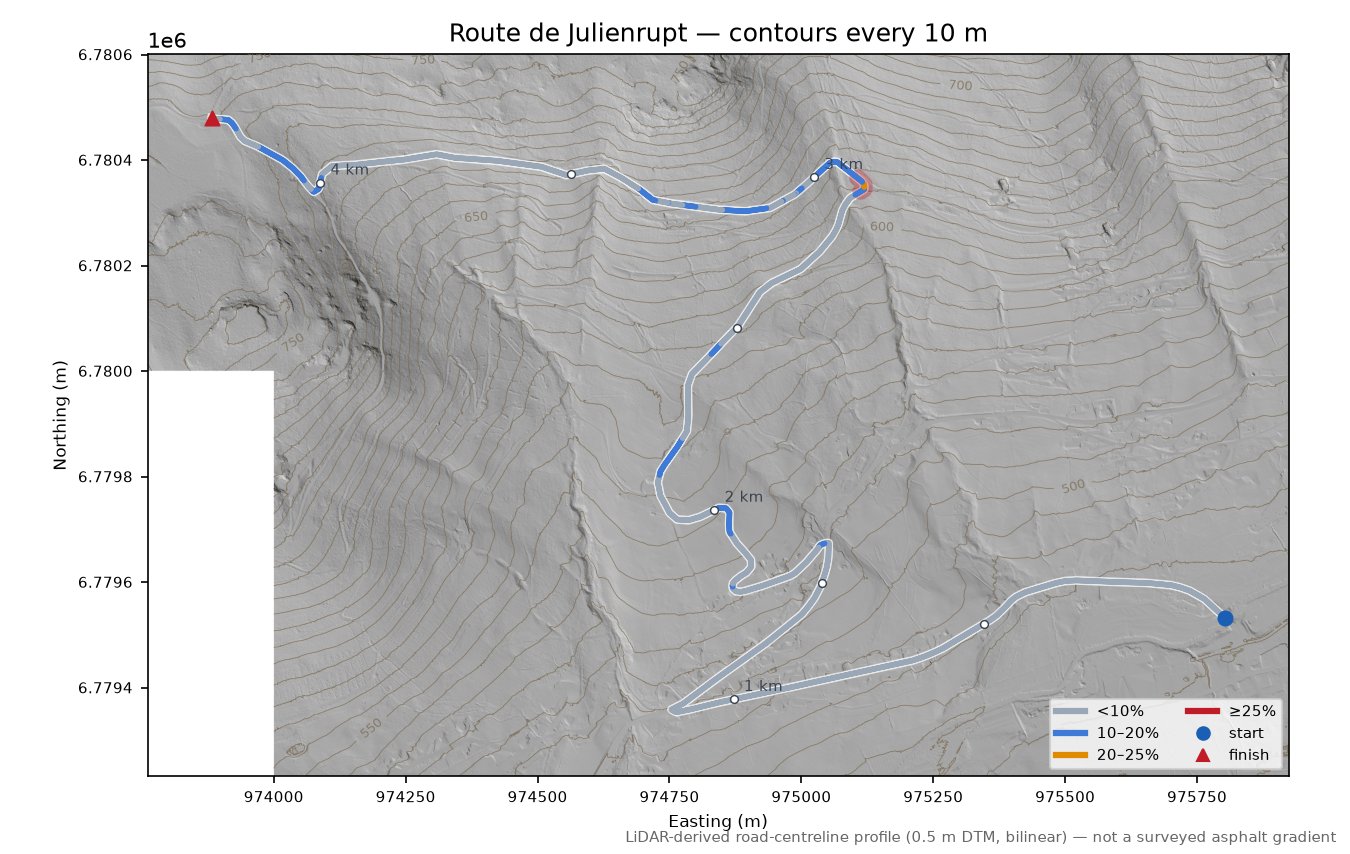 Route de Julienrupt LiDAR hillshade map with contours