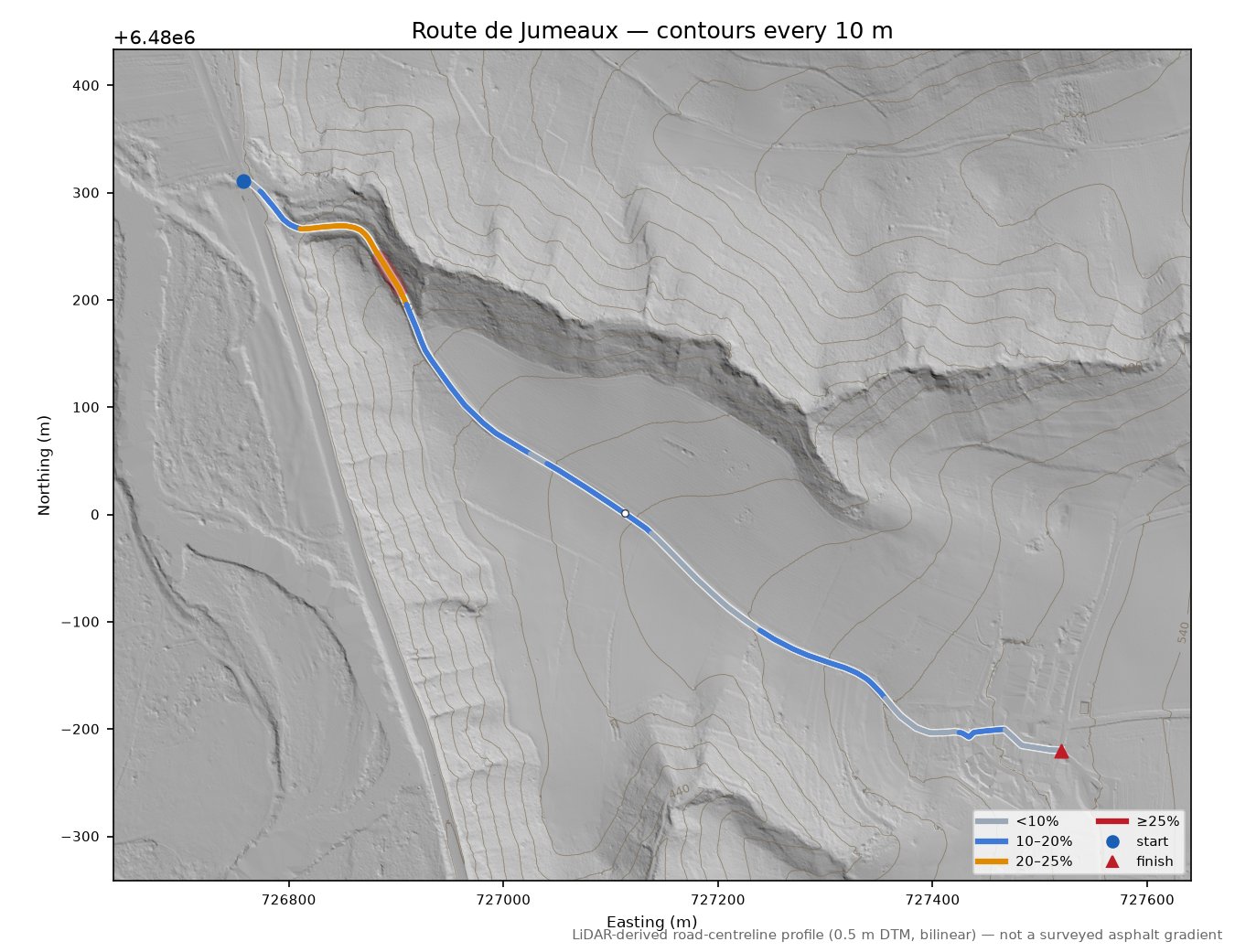 Route de Jumeaux LiDAR hillshade map with contours